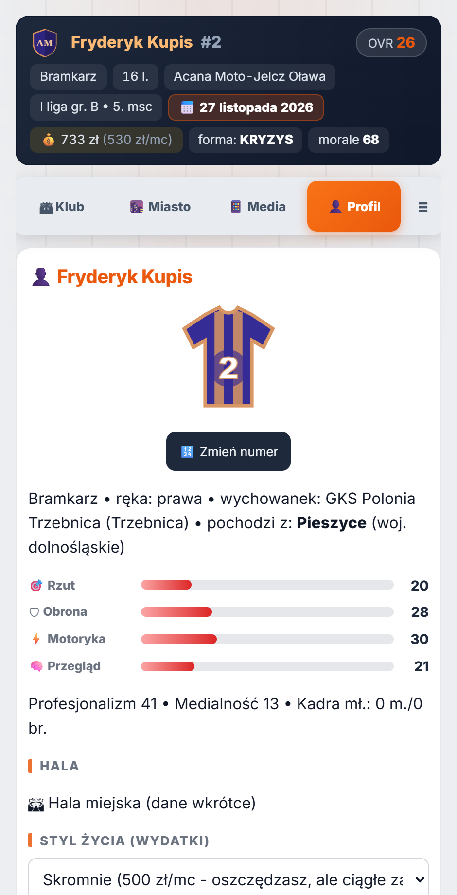 Profil zawodnika w grze Piłkarz Ręczny